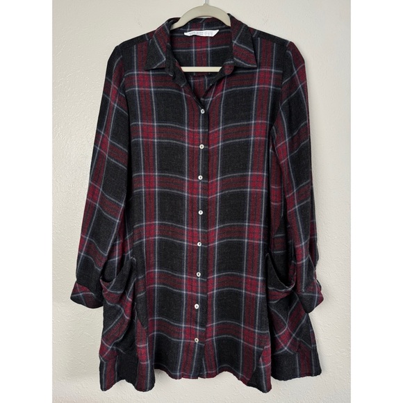 Zara plaid red black button down pocket tunic top mini dress M - Picture 2 of 10